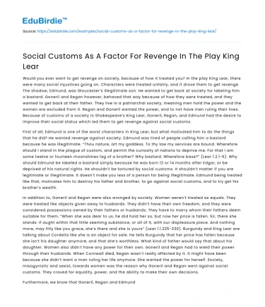 Social Customs As A Factor For Revenge In The Play King Lear
