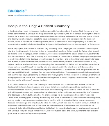 Oedipus the King’: A Critical Summary