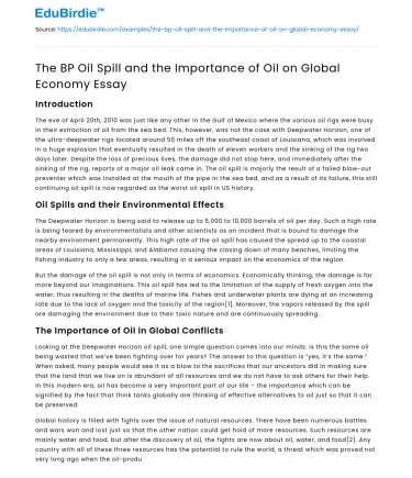 The BP Oil Spill and the Importance of Oil on Global Economy Essay