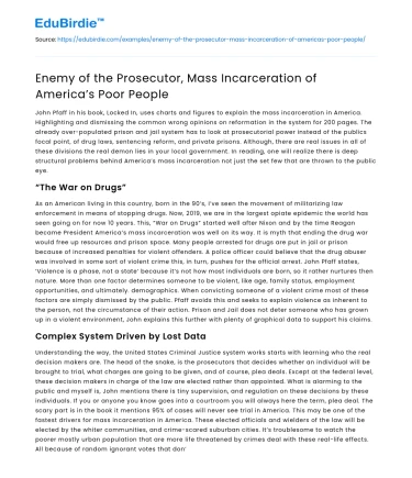 Enemy of the Prosecutor, Mass Incarceration of America’s Poor People