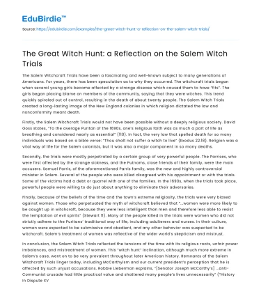 The Great Witch Hunt: a Reflection on the Salem Witch Trials