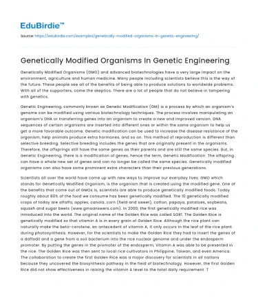 Genetically Modified Organisms In Genetic Engineering