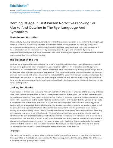 Symbolism in Coming of Age Narratives: Alaska and Catcher in the Rye