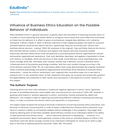 Impact of Ethics Education on Individual Behavior