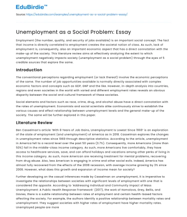 Unemployment as a Social Problem: Essay
