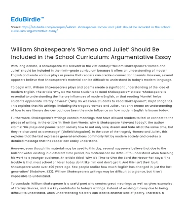 Inclusion of Romeo and Juliet in School Curriculum