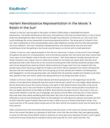 Harlem Renaissance Representation in the Movie ‘A Raisin in the Sun’