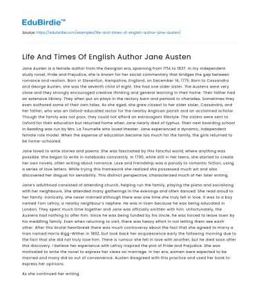 Life And Times Of English Author Jane Austen