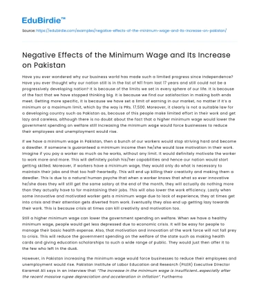 Negative Effects of the Minimum Wage and Its Increase on Pakistan