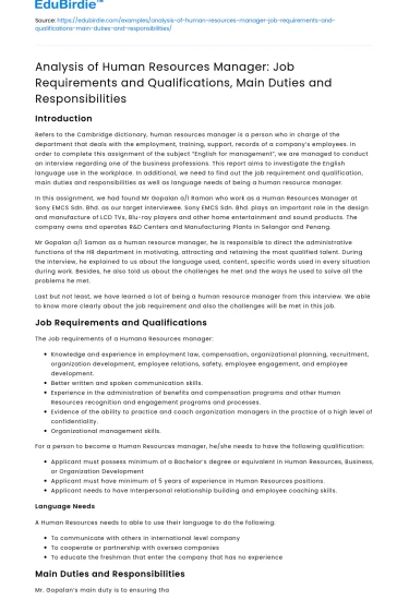 Human Resources Manager: Job Requirements, Qualifications, Duties