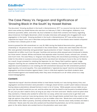 Plessy Vs Ferguson and ‘Growing Black in the South’ by Howell Raines