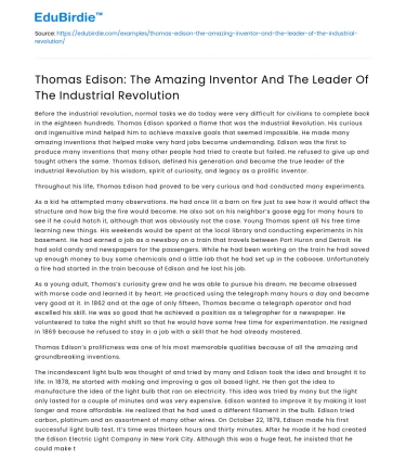Thomas Edison: Inventor & Leader of Industrial Revolution