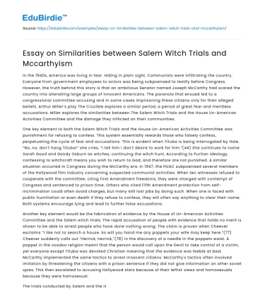 Essay on Similarities between Salem Witch Trials and Mccarthyism
