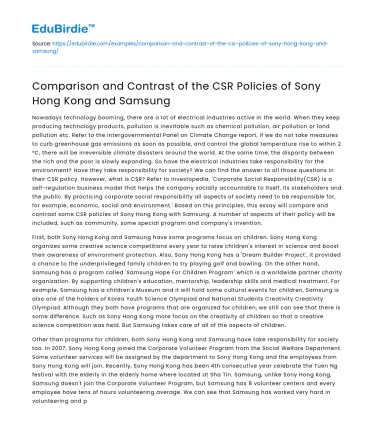 Comparison and Contrast of the CSR Policies of Sony Hong Kong and Samsung