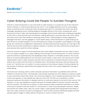 Cyber Bullying Could Get People To Suicidal Thoughts