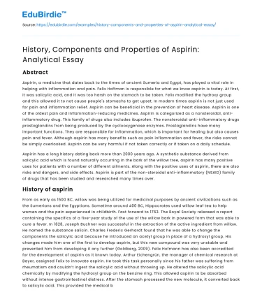 History, Components and Properties of Aspirin: Analytical Essay