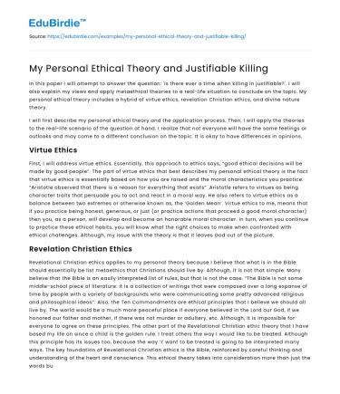 My Personal Ethical Theory and Justifiable Killing