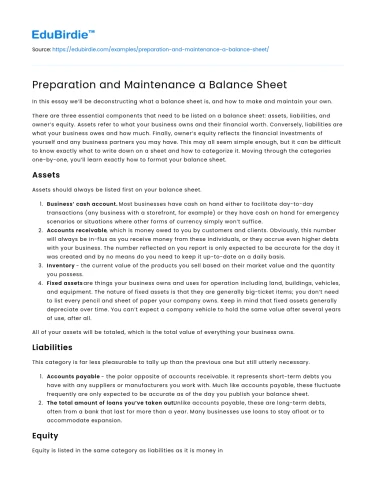Preparation and Maintenance a Balance Sheet