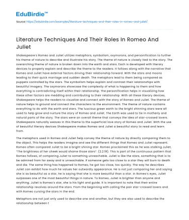 Literature Techniques And Their Roles In Romeo And Juliet