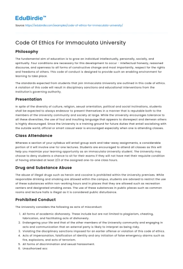 Code Of Ethics For Immaculata University