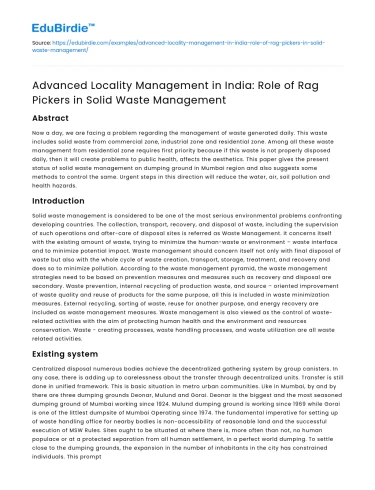 Role of Rag Pickers in Advanced Locality Management in India