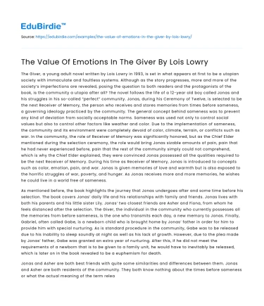The Value Of Emotions In The Giver By Lois Lowry