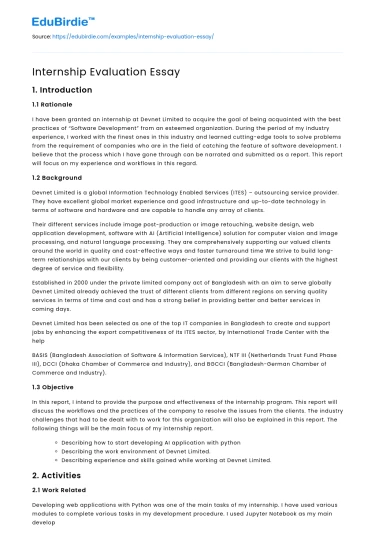 Internship Evaluation Essay