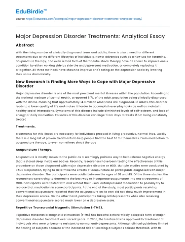 Major Depression Disorder Treatments: Analytical Essay