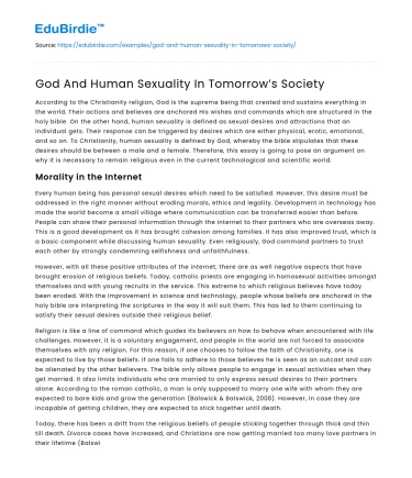 God And Human Sexuality In Tomorrow’s Society