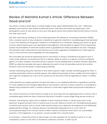 Review of Manisha Kumar’s Article ‘Difference Between Good and Evil’