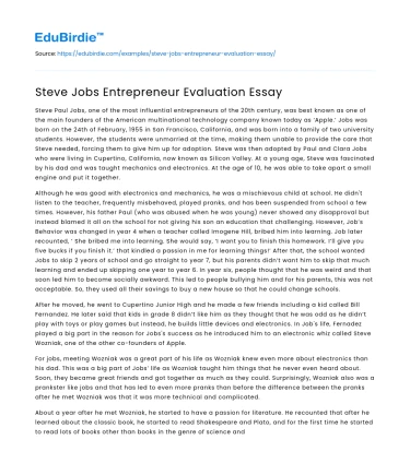 Steve Jobs Entrepreneur Evaluation Essay