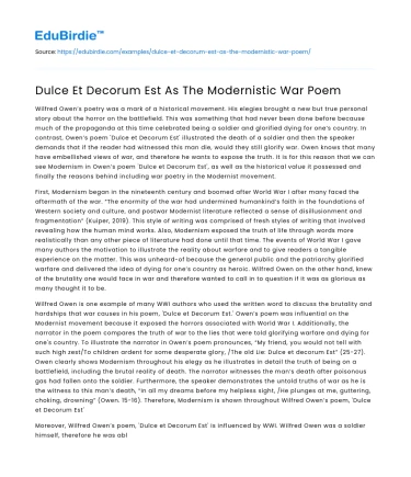 Dulce Et Decorum Est As The Modernistic War Poem