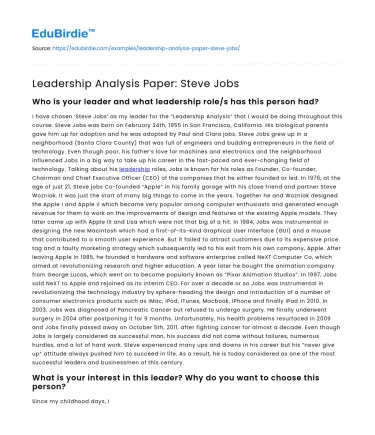 Leadership Analysis Paper: Steve Jobs