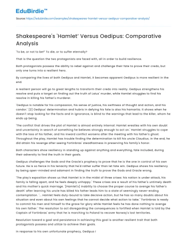 Shakespeare’s ‘Hamlet’ Versus Oedipus: Comparative Analysis