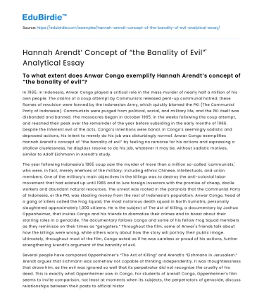Hannah Arendt’ Concept of “the Banality of Evil”’ Analytical Essay