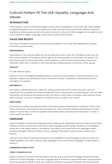 Cultural Pattern Of The USA: Equality, Language And Values