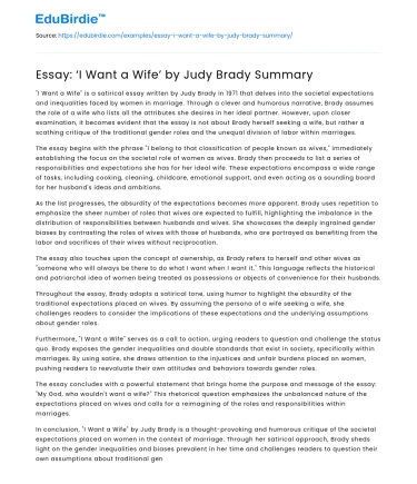 Essay: ‘I Want a Wife’ by Judy Brady Summary