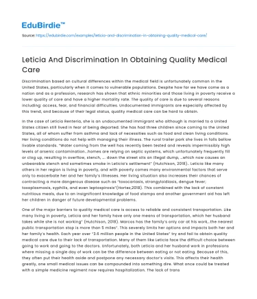 Leticia And Discrimination In Obtaining Quality Medical Care