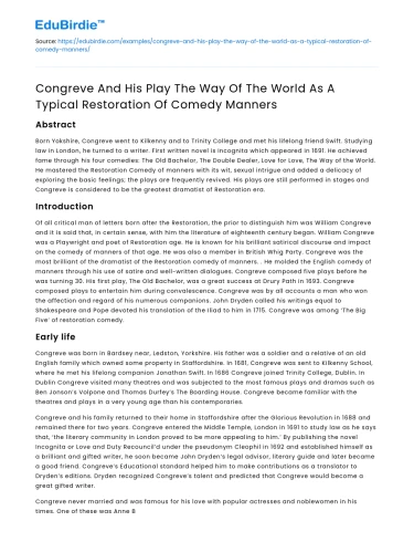 Congreve’s “The Way of The World”: A Restoration Comedy