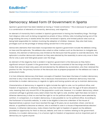 Democracy: Mixed Form Of Government In Sparta