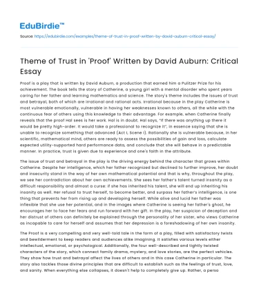 Theme of Trust in ‘Proof’ Written by David Auburn: Critical Essay