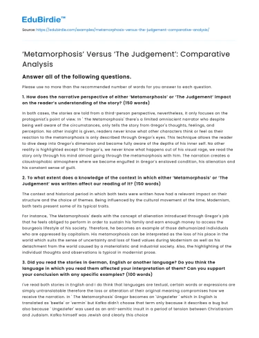 ‘Metamorphosis’ Versus ‘The Judgement’: Comparative Analysis
