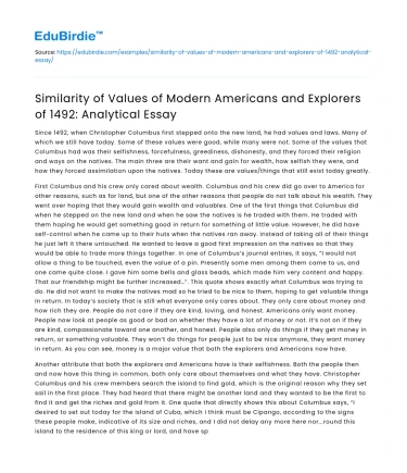 Contrasting Values: Modern Americans and Explorers of 1492
