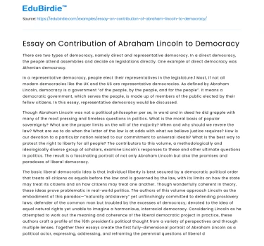 Essay on Contribution of Abraham Lincoln to Democracy