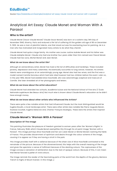 Analytical Art Essay: Claude Monet and Woman With A Parasol