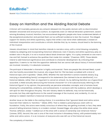 Essay on Hamilton and the Abiding Racial Debate