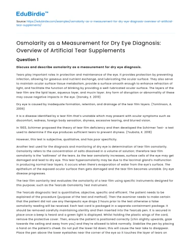 Osmolarity in Dry Eye Diagnosis: Artificial Tear Supplements