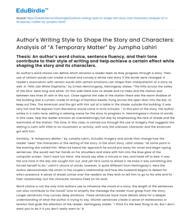 Analysis of A Temporary Matter: Style and Character Overview