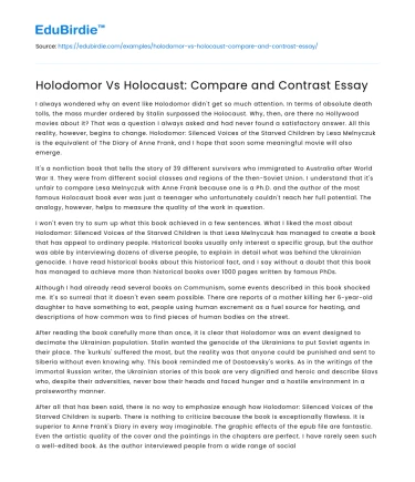 Holodomor Vs Holocaust: Compare and Contrast Essay