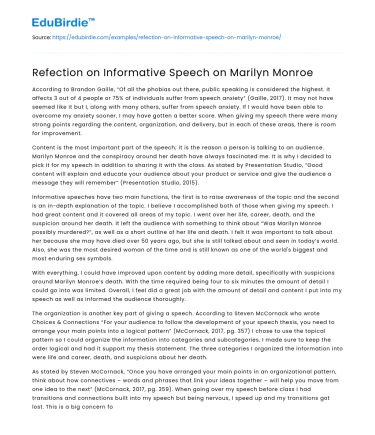 Refection on Informative Speech on Marilyn Monroe